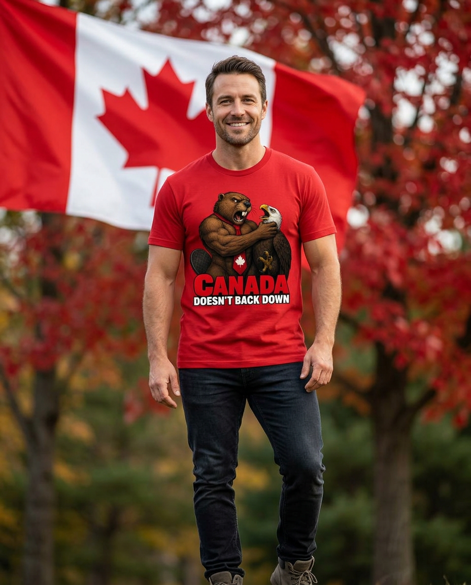 Canadian standing tall in the Canada Doesn't Back Down tee